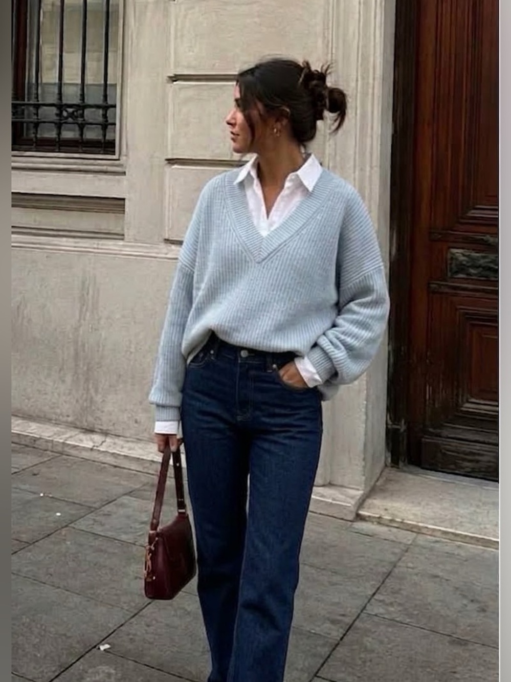 Tory Burch Pale Blue Wool Cashmere V-Neck Ribbed Sweater XL